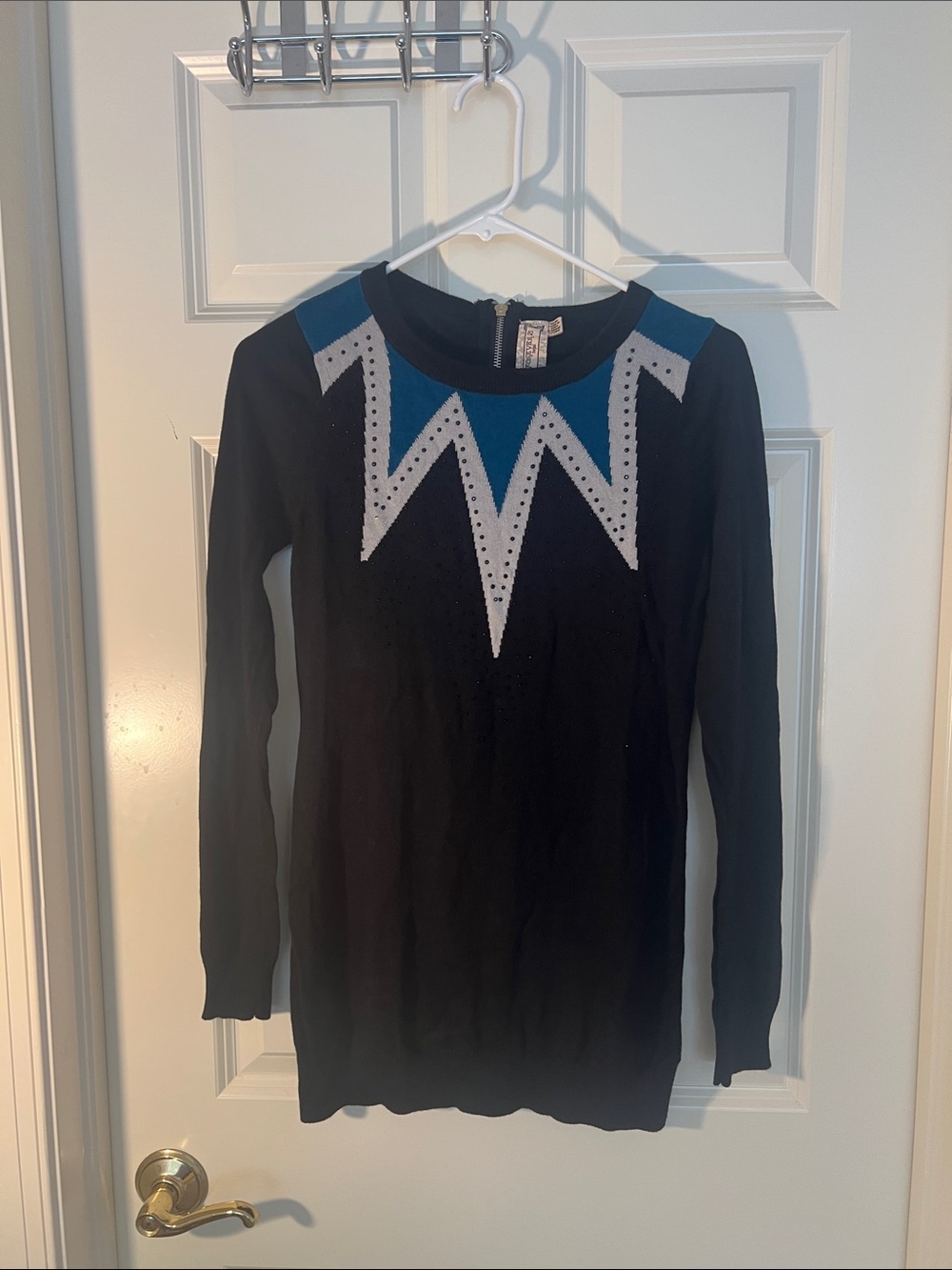 Forever 21 Black Crewneck Sweater with Blue and Gray Chevron Detail